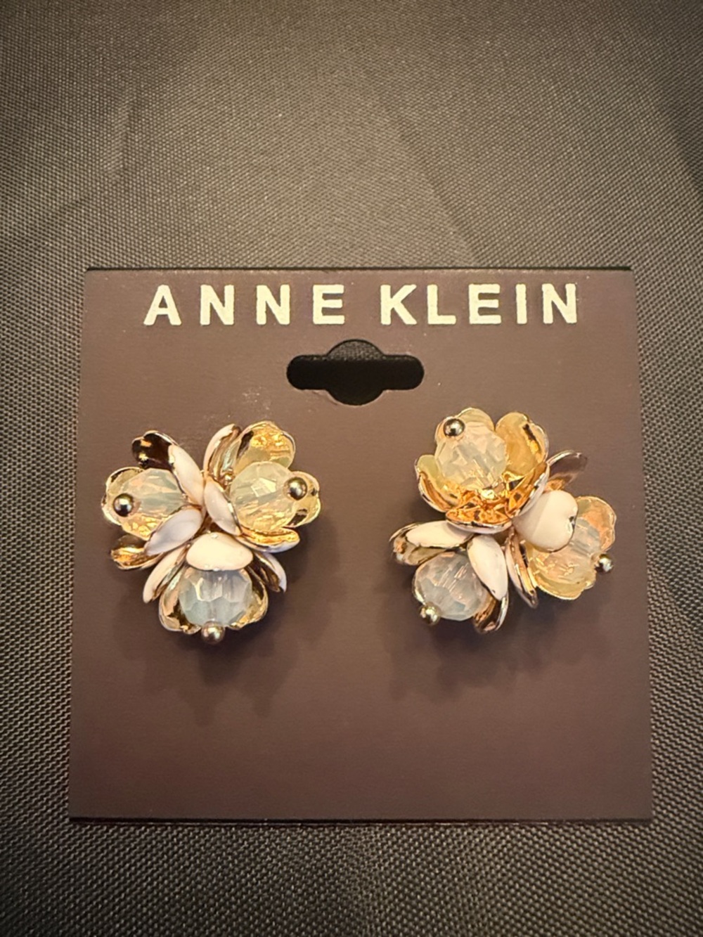 Anne Klein Gold Floral Cluster Earrings with Opalescent and Cream Petals